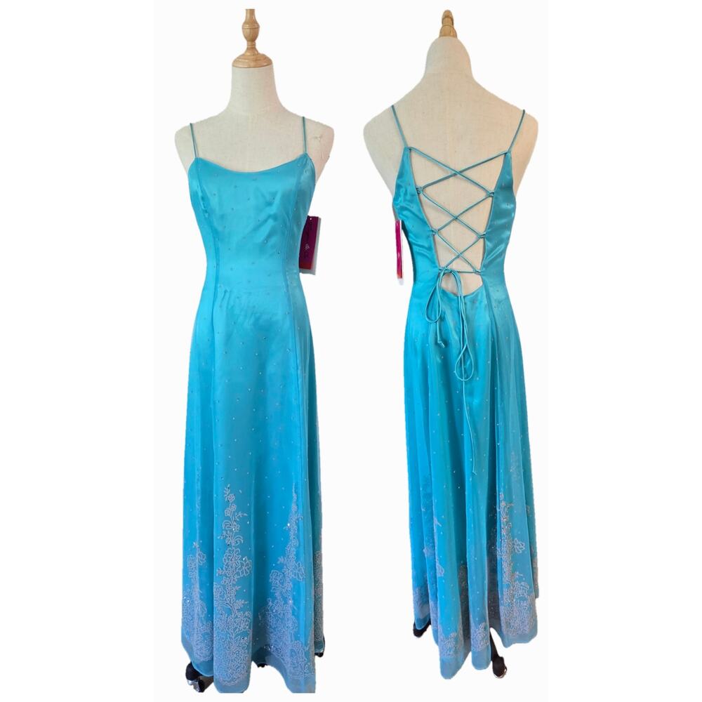 NWT Vtg Y2K Morgan & Co Aqua Prom Formal Gown  Backless Straps Sheer Regency S